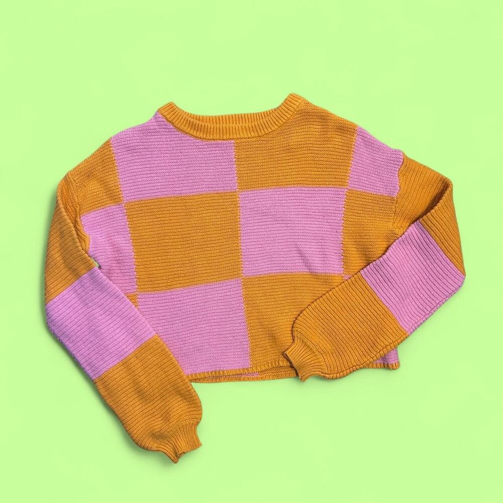Pink orange checkered cropped sweater